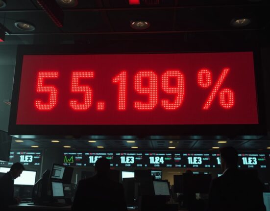 Electronic board showing US 30-year Treasury yield at 5.197% on a trading floor