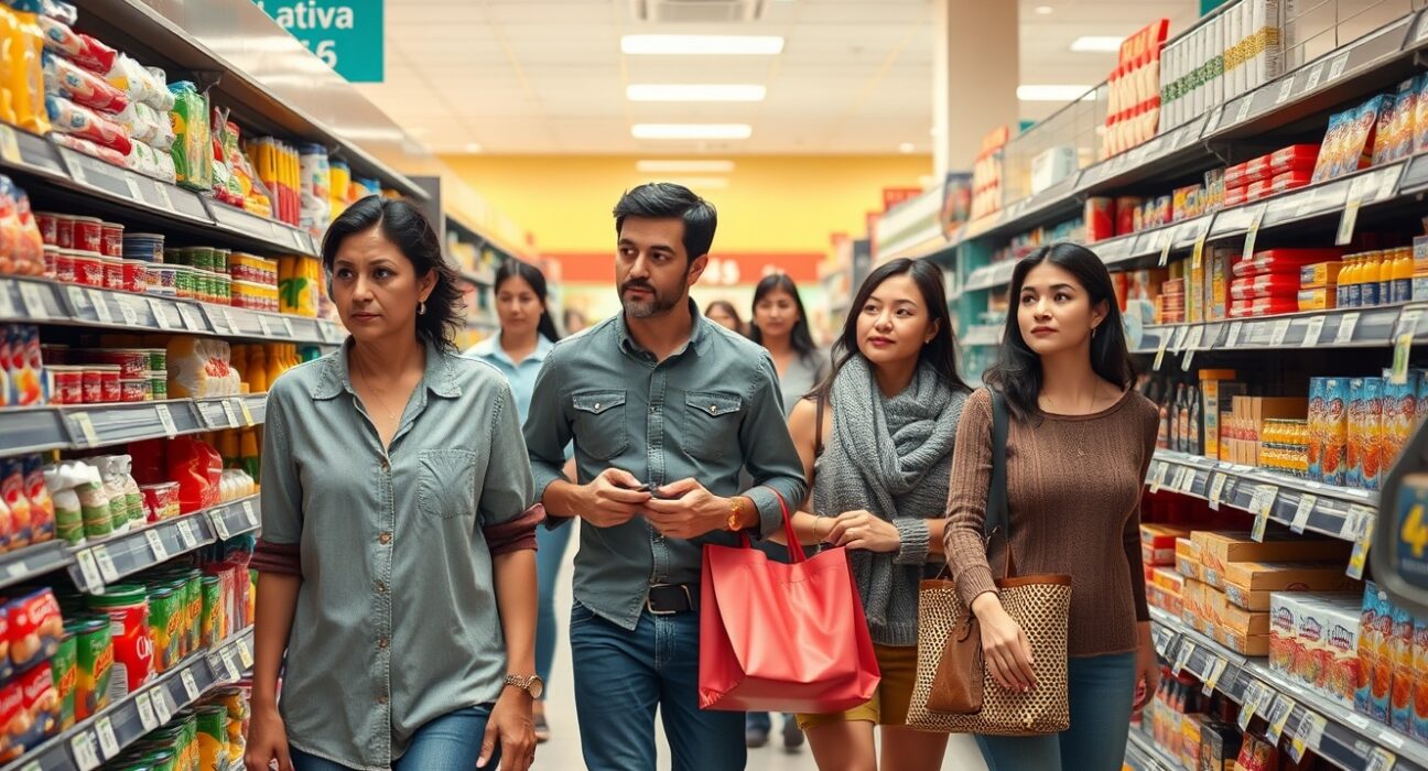 Shoppers in a grocery store looking at price tags, reflecting consumer inflation expectations.