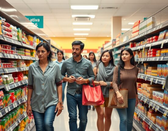 Shoppers in a grocery store looking at price tags, reflecting consumer inflation expectations.