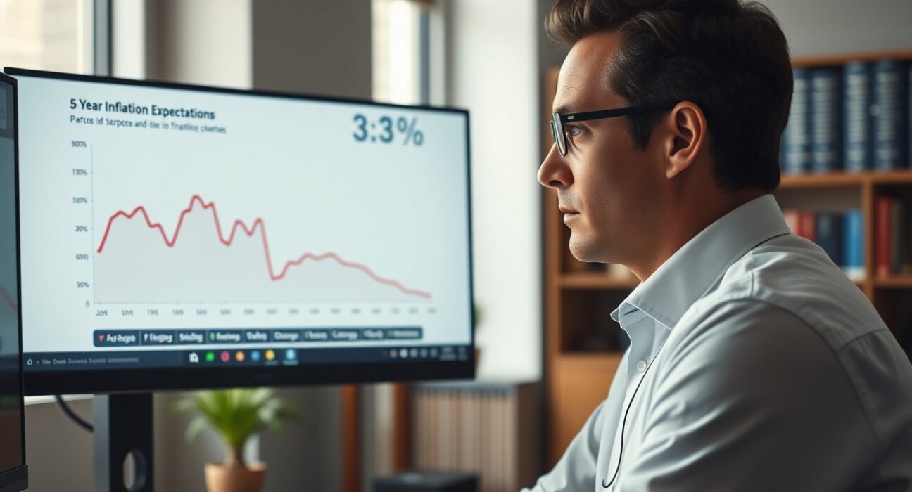 Analyst reviewing chart showing US 5-year consumer inflation expectations at 3.3% for June.
