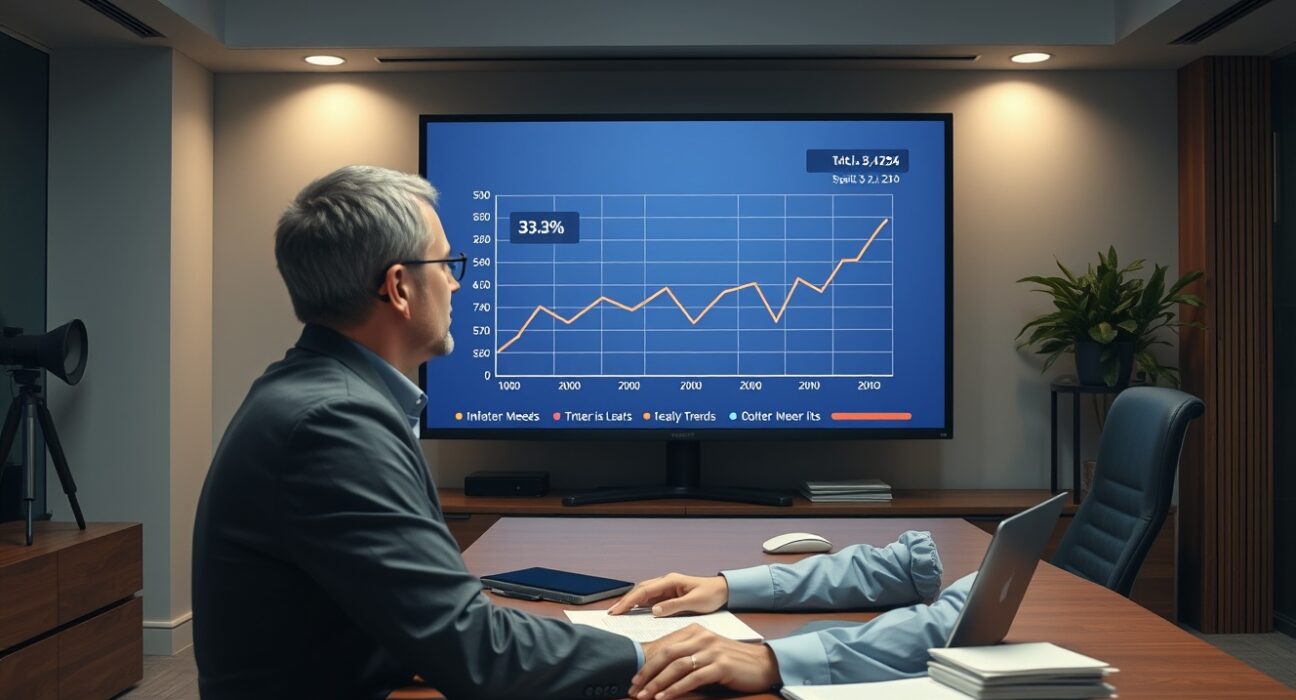 Financial analyst monitoring inflation expectation charts on a screen in a newsroom