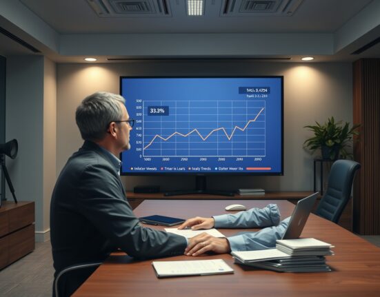 Financial analyst monitoring inflation expectation charts on a screen in a newsroom