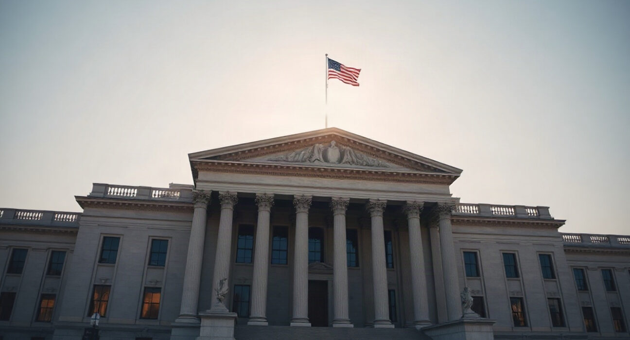 U.S. Treasury building in Washington, D.C., on a clear day, representing government debt auctions.