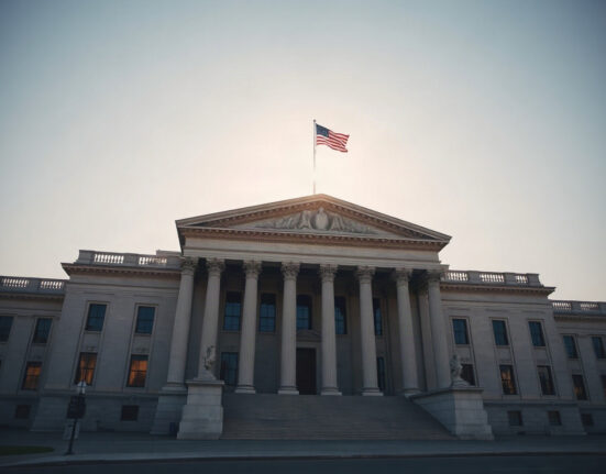 U.S. Treasury building in Washington, D.C., on a clear day, representing government debt auctions.