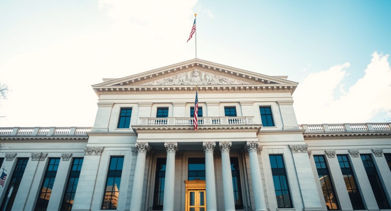 Exterior of the U.S. Treasury building in Washington, D.C., on a sunny day.