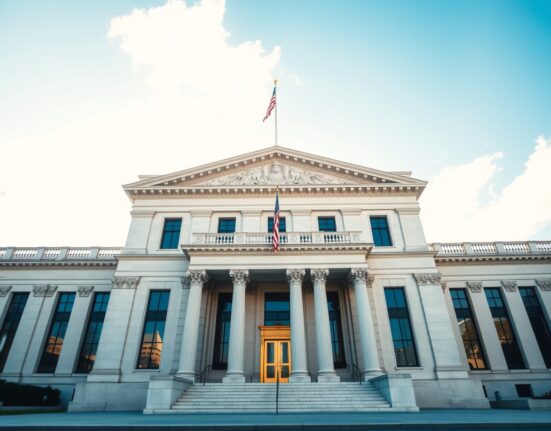 Exterior of the U.S. Treasury building in Washington, D.C., on a sunny day.
