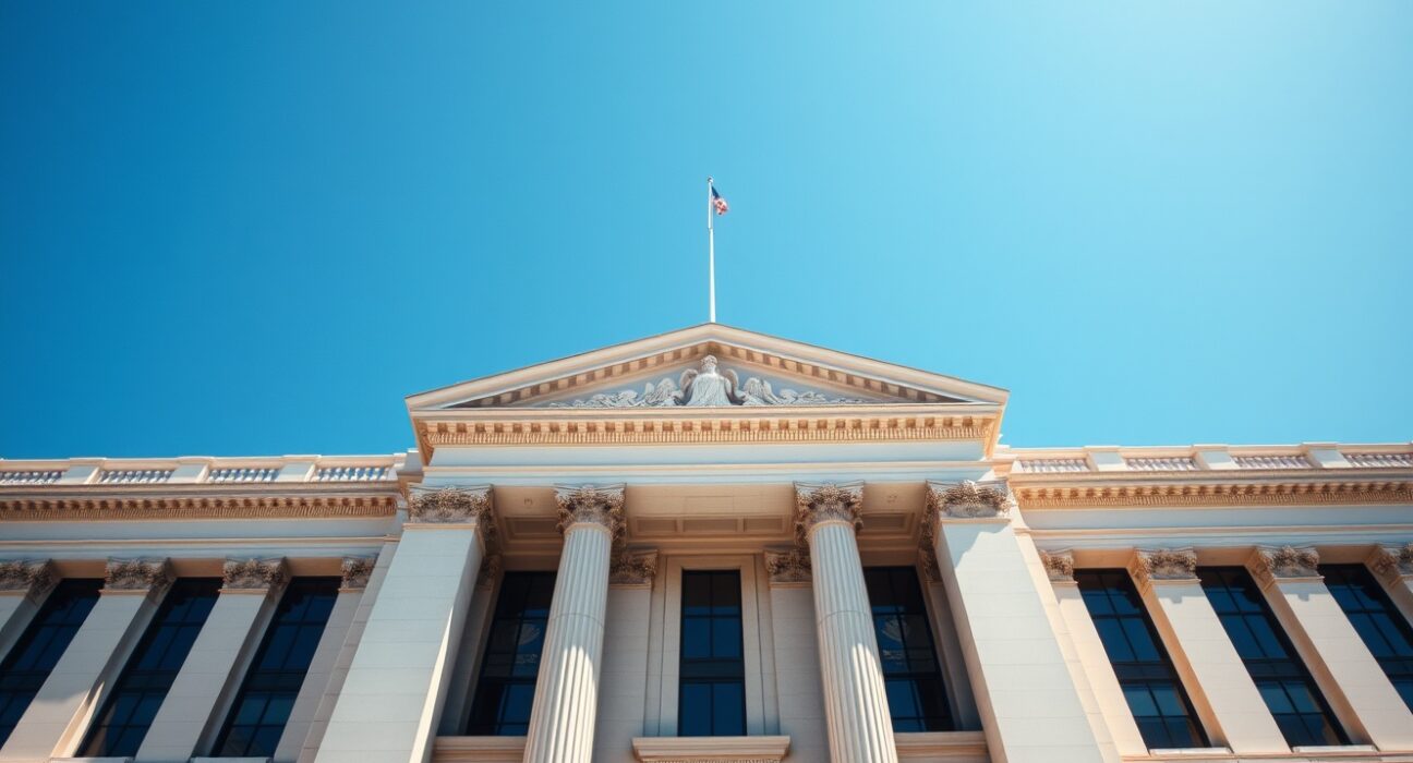 US Treasury building in Washington DC on a sunny day, representing government bond auctions.