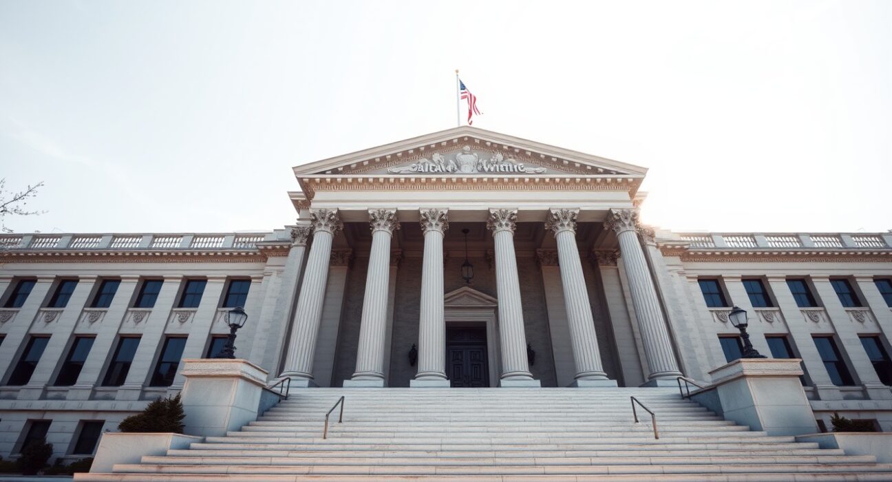 United States Treasury Building in Washington, D.C., on a clear morning, representing government debt auctions.
