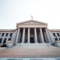 United States Treasury Building in Washington, D.C., on a clear morning, representing government debt auctions.