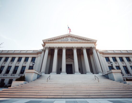 United States Treasury Building in Washington, D.C., on a clear morning, representing government debt auctions.