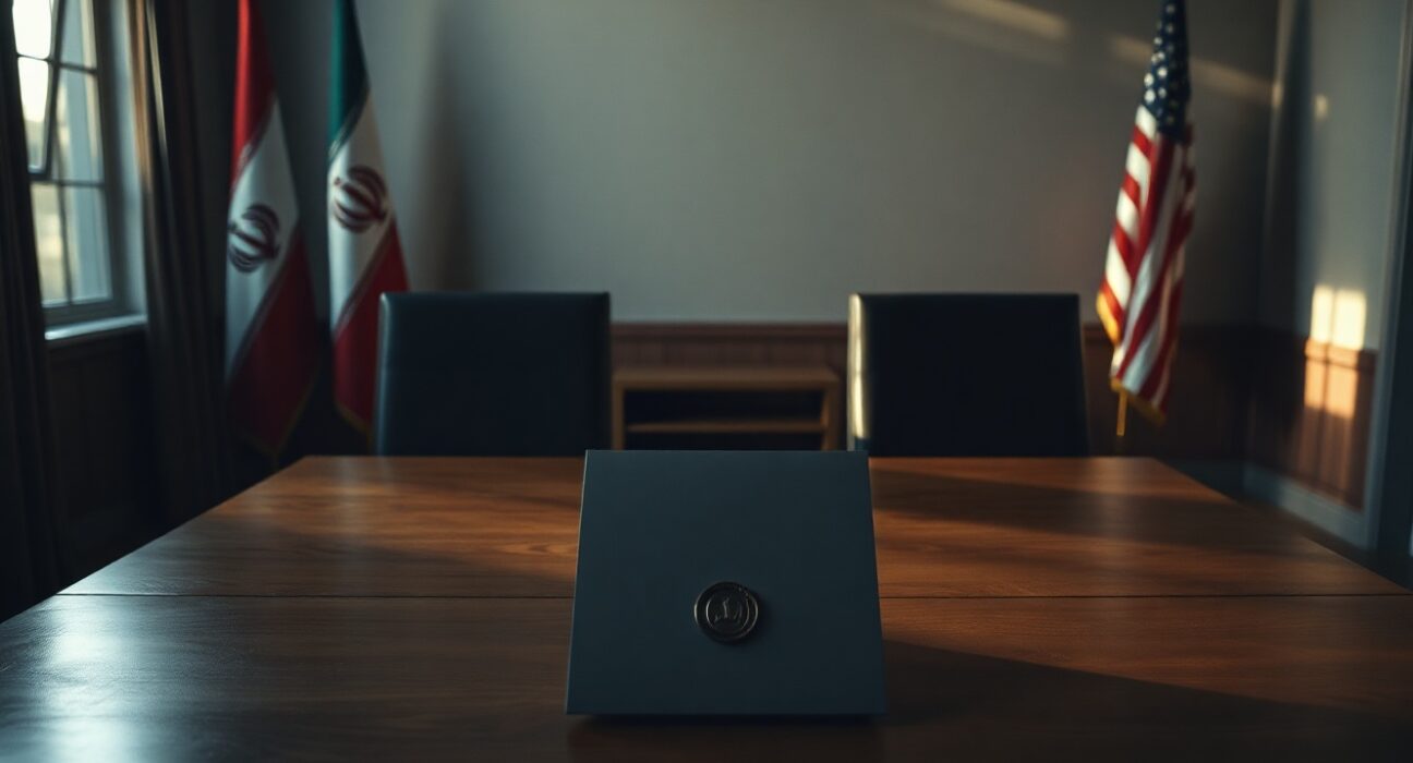 Empty diplomatic meeting room with chairs facing each other and a document on the table, representing US-Iran nuclear negotiations.