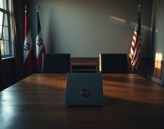 Empty diplomatic meeting room with chairs facing each other and a document on the table, representing US-Iran nuclear negotiations.