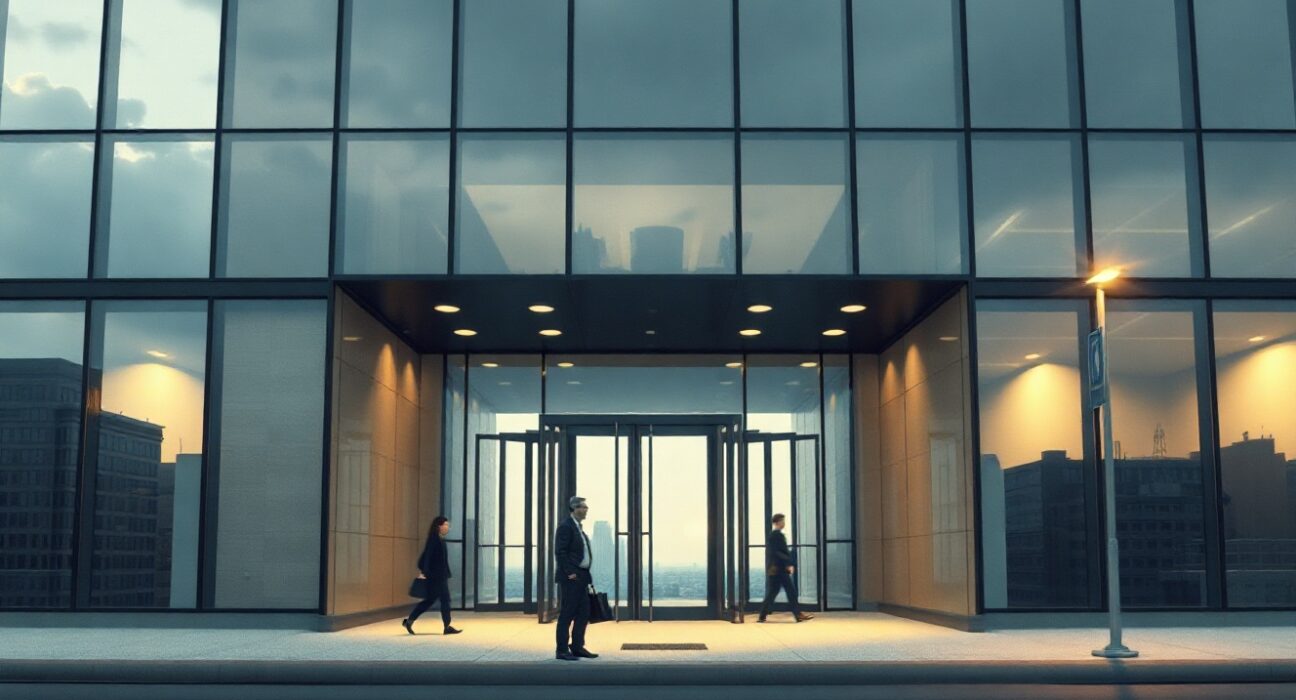 Office building entrance in a US city with few people walking out, representing a slowdown in hiring.