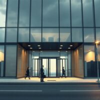 Office building entrance in a US city with few people walking out, representing a slowdown in hiring.