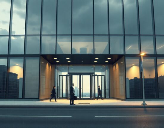 Office building entrance in a US city with few people walking out, representing a slowdown in hiring.