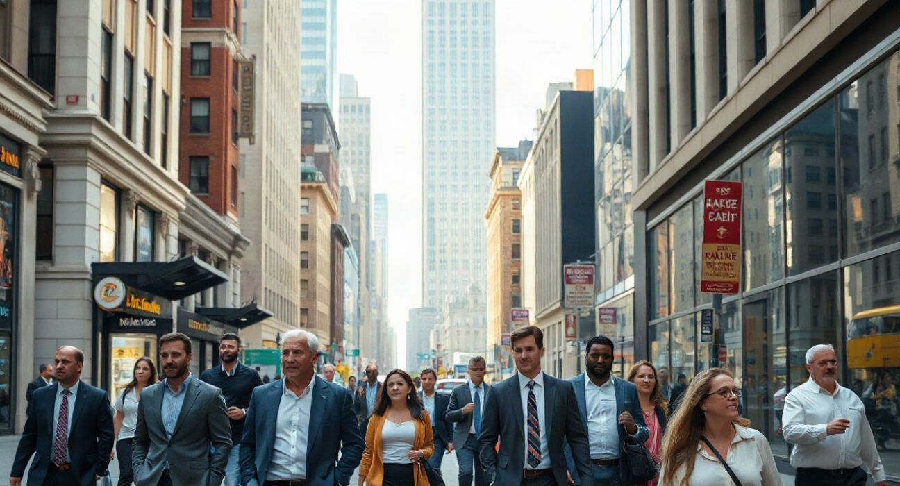 Professionals walking on a city street near office buildings, representing US employment trends