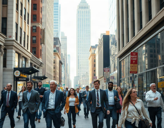 Professionals walking on a city street near office buildings, representing US employment trends
