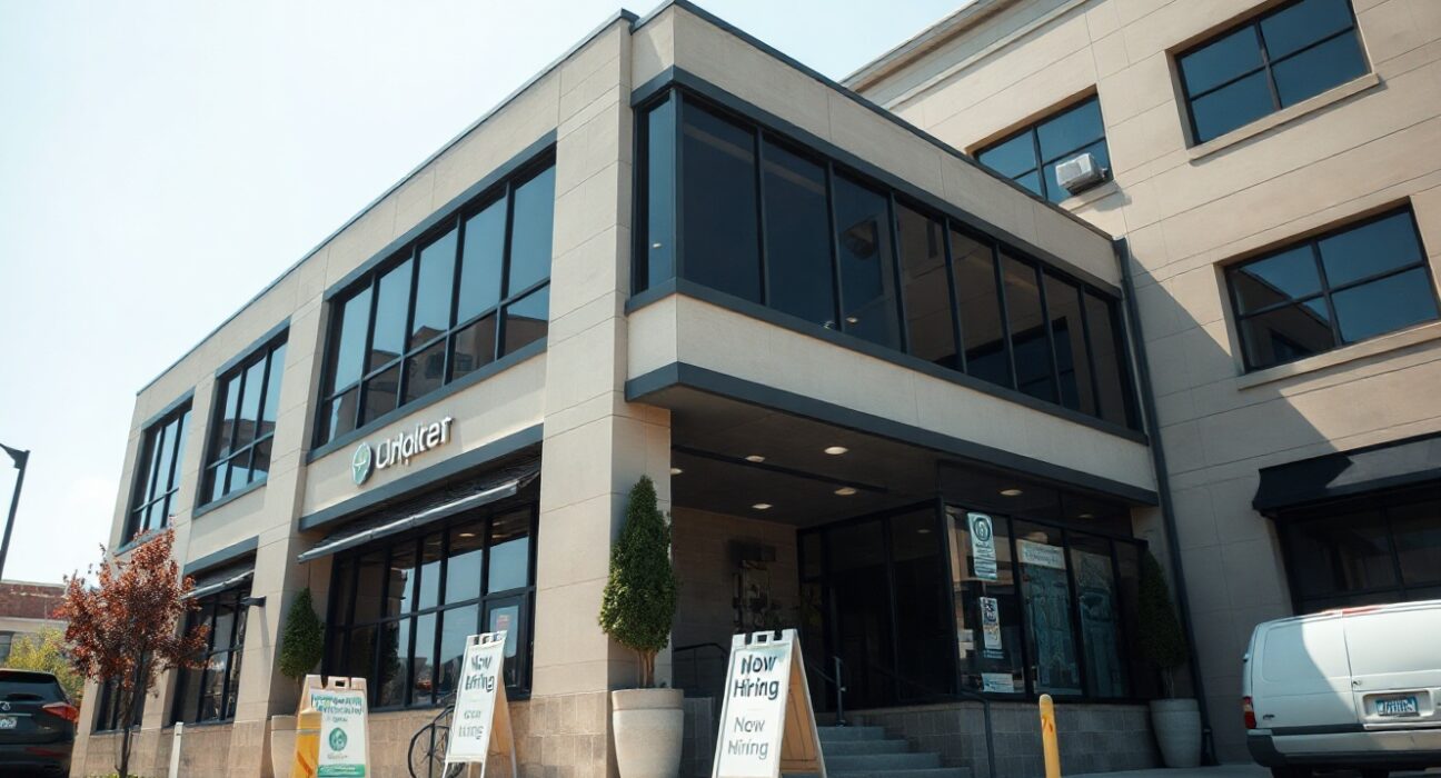 Office building exterior with 'Now Hiring' sign, representing US employment trends.