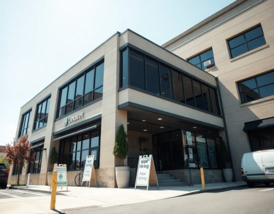 Office building exterior with 'Now Hiring' sign, representing US employment trends.