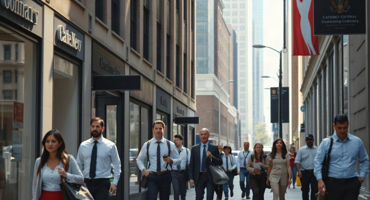 Office workers on a city street during morning commute, representing US employment trends