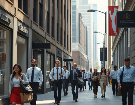 Office workers on a city street during morning commute, representing US employment trends