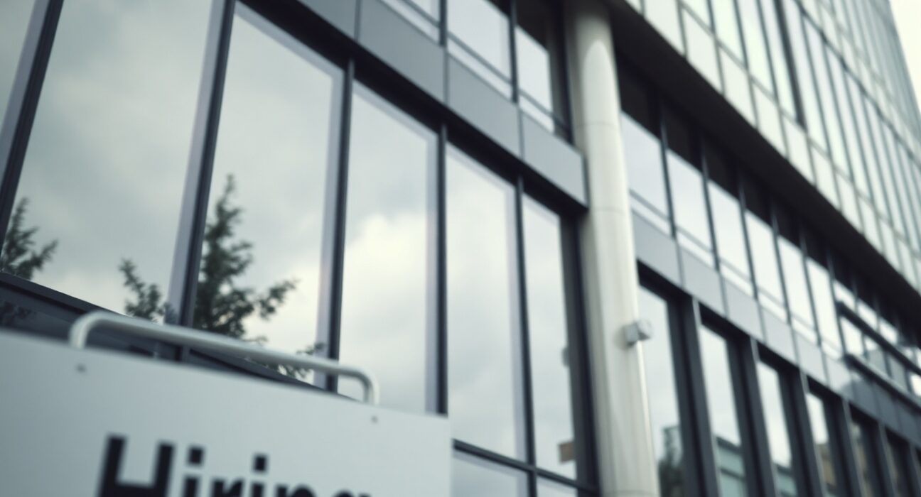 Modern office building exterior with a hiring sign, representing the US labor market and ADP employment data