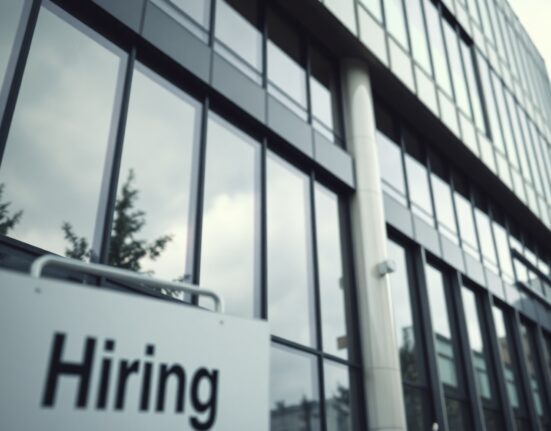 Modern office building exterior with a hiring sign, representing the US labor market and ADP employment data