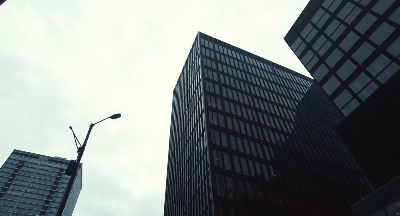 Modern office building exterior under overcast sky, representing US employment and economic conditions.