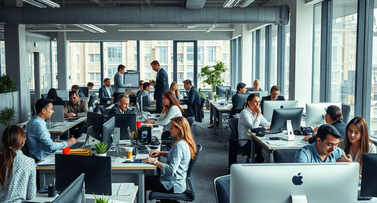 Professionals working in a modern office, representing the rebound in US private hiring.