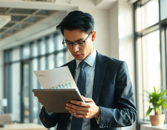 Business professional analyzing employment data on a tablet in an office setting