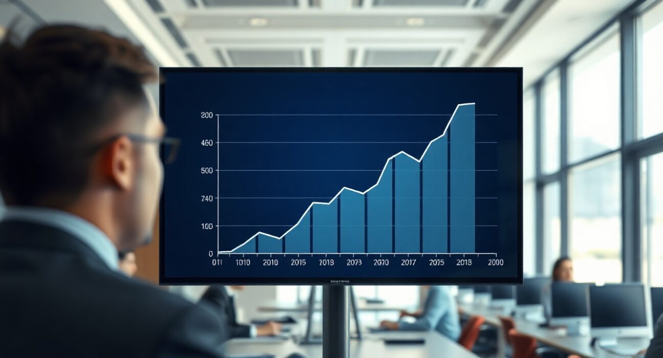 A digital display showing an employment trend graph in a modern office setting