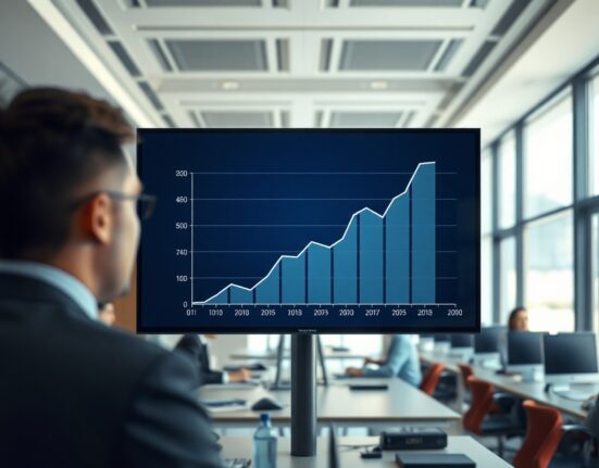 A digital display showing an employment trend graph in a modern office setting