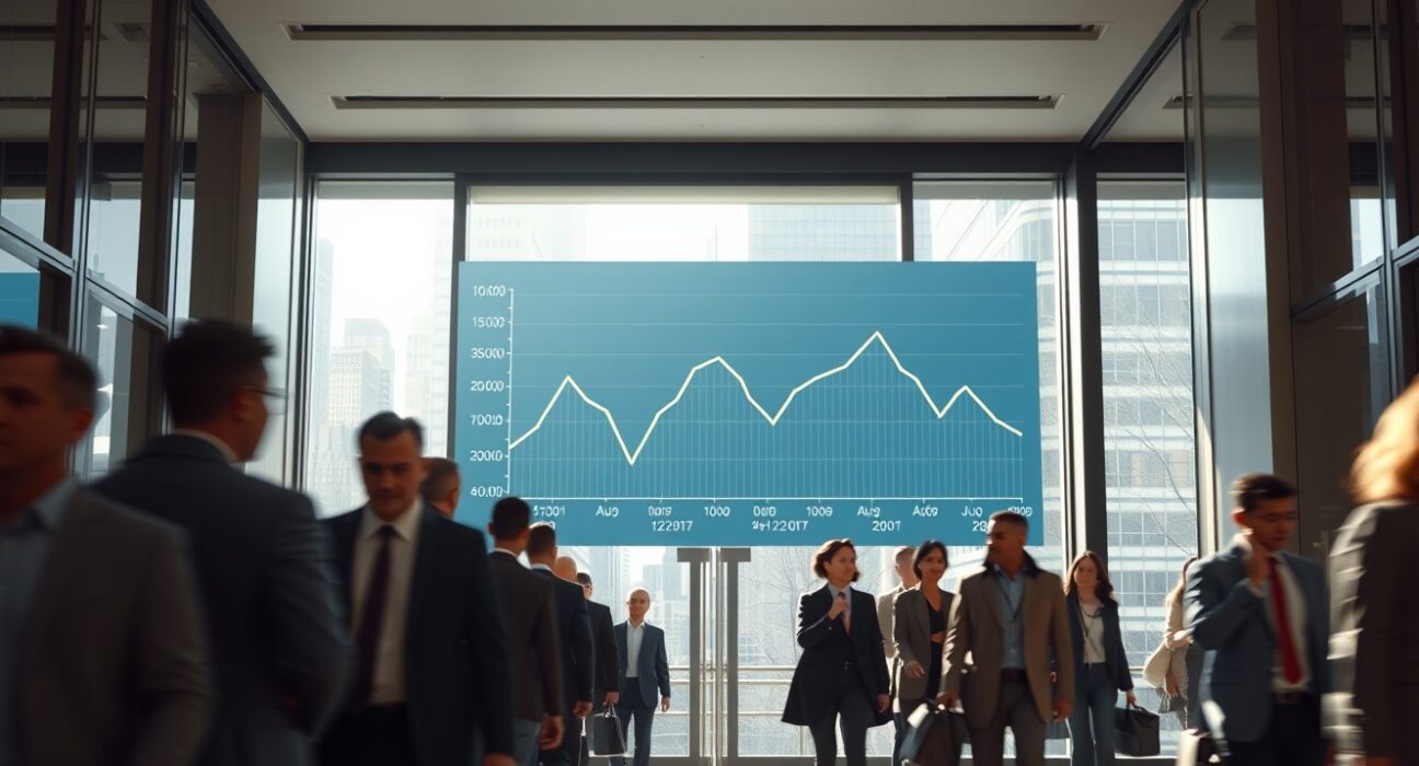 Digital employment chart showing a decline in a busy office lobby with workers walking by.
