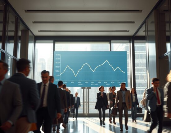 Digital employment chart showing a decline in a busy office lobby with workers walking by.