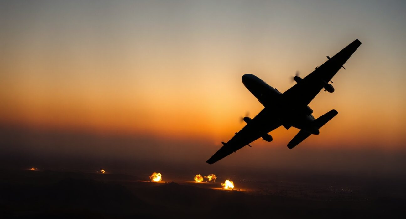 Military aircraft flying over desert with explosions on horizon during U.S. airstrikes on Iran