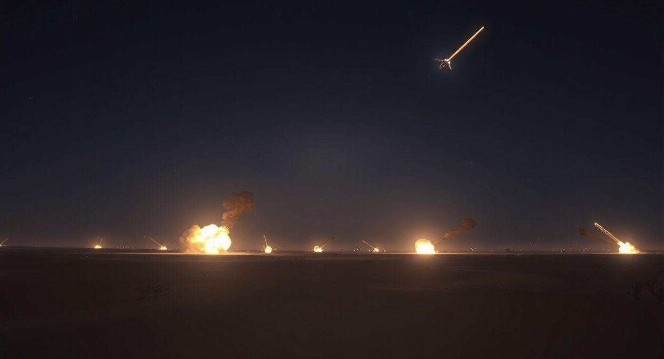 Night sky over Middle Eastern desert with explosions from US airstrikes on Iranian targets