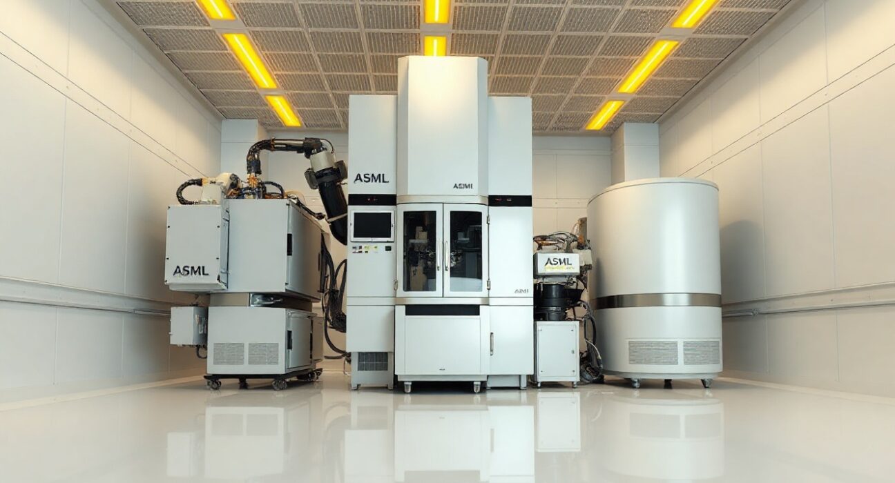 A large ASML EUV lithography machine in a cleanroom, representing the chip technology at the center of a US-China export dispute.