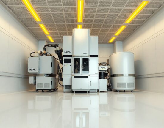A large ASML EUV lithography machine in a cleanroom, representing the chip technology at the center of a US-China export dispute.