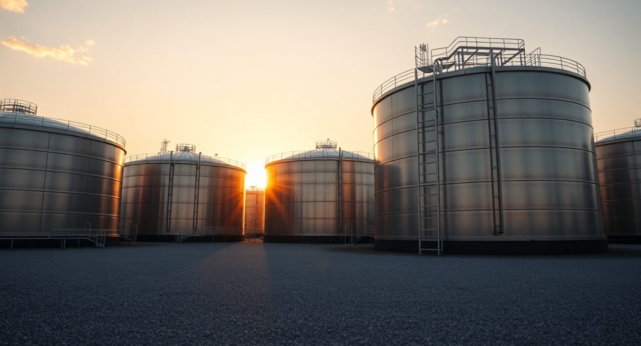 Aerial view of crude oil storage tanks at a refinery during sunset, representing energy market data.