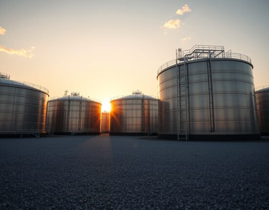 Aerial view of crude oil storage tanks at a refinery during sunset, representing energy market data.