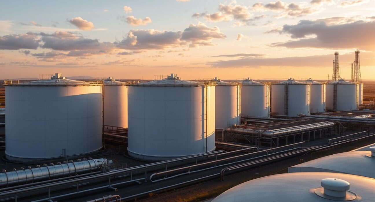 Aerial view of a large crude oil storage tank farm at a US refinery.