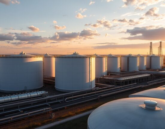 Aerial view of a large crude oil storage tank farm at a US refinery.