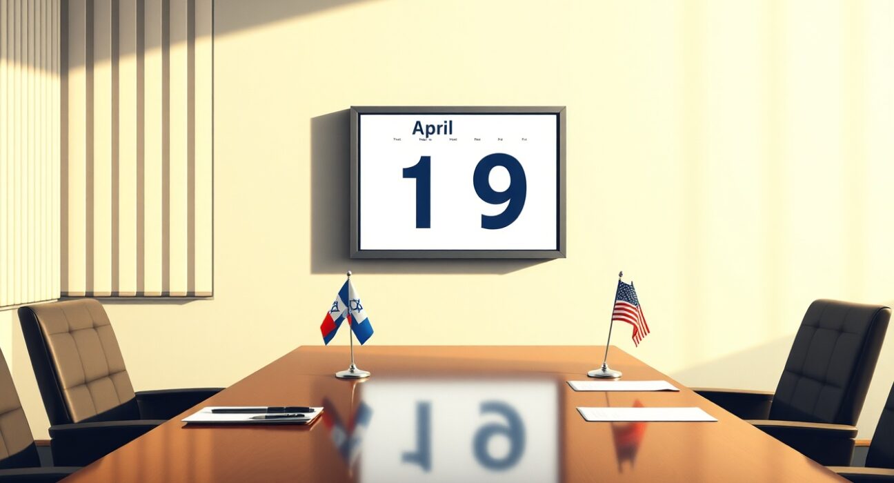 Diplomatic meeting room with calendar showing April 9 target date to end Israel war