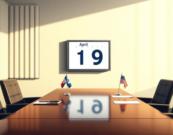 Diplomatic meeting room with calendar showing April 9 target date to end Israel war