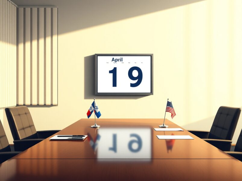 Diplomatic meeting room with calendar showing April 9 target date to end Israel war
