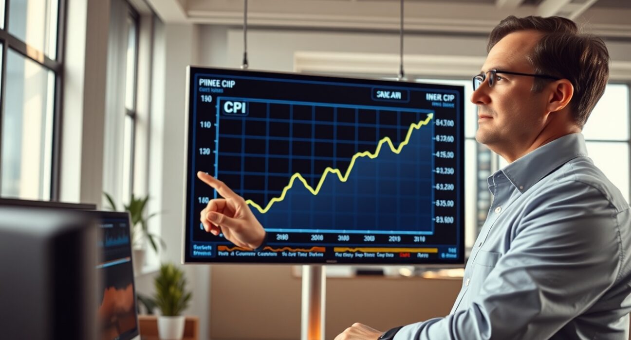 Financial analyst pointing to a CPI inflation graph on a digital display in a modern office