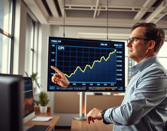 Financial analyst pointing to a CPI inflation graph on a digital display in a modern office