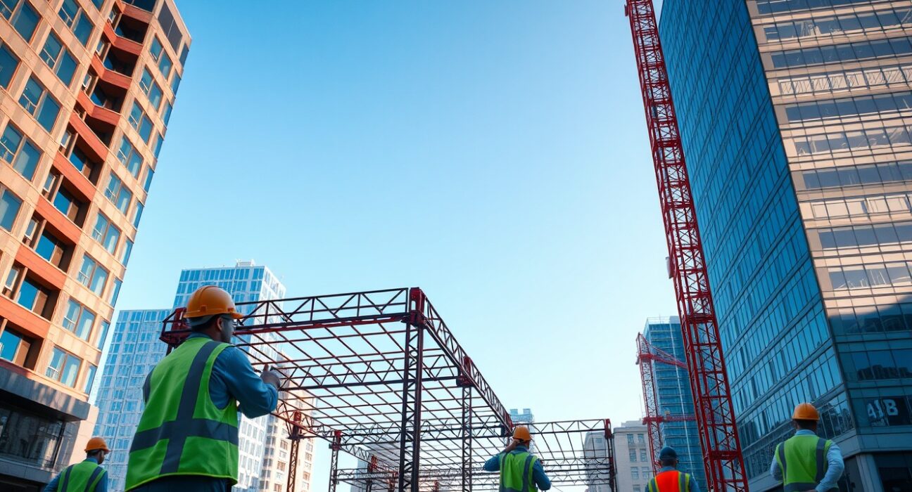 Construction workers on a steel frame at a busy urban building site under a clear sky, representing job growth and economic activity.