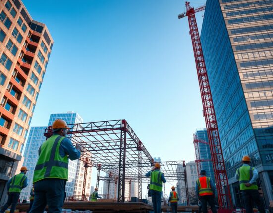 Construction workers on a steel frame at a busy urban building site under a clear sky, representing job growth and economic activity.