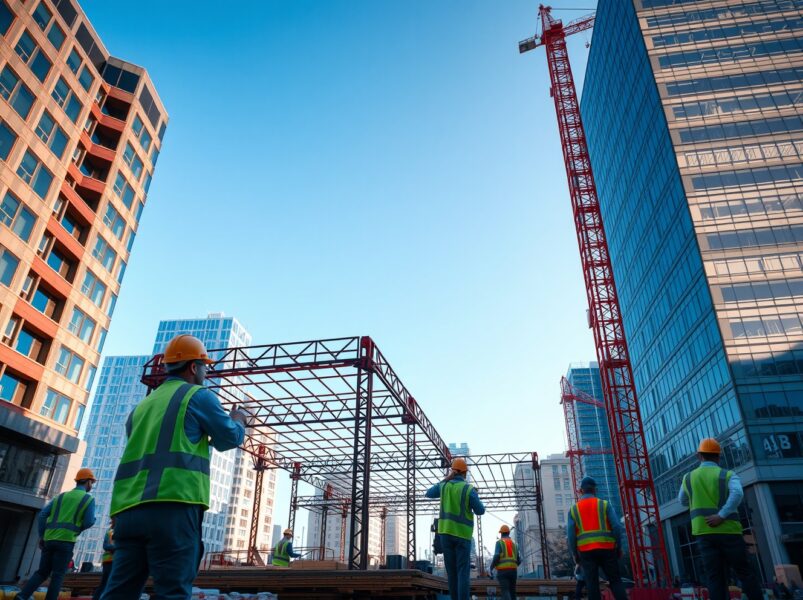 Construction workers on a steel frame at a busy urban building site under a clear sky, representing job growth and economic activity.